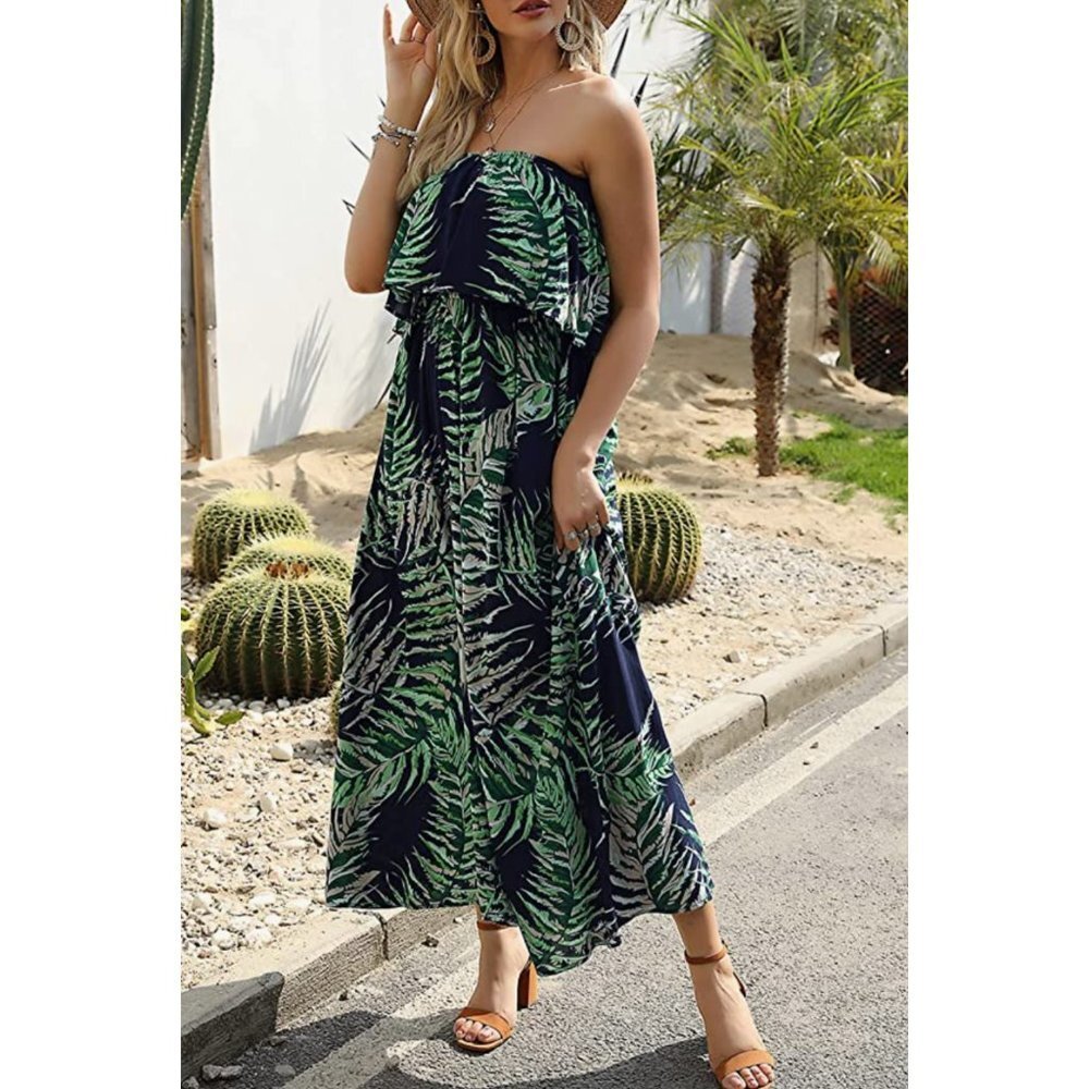 Boho Tropical Leaf‎ Printed Ruffle Strapless Flowy Long Summer Maxi Dress